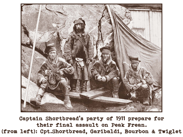 Black and white photograph of a group of four men dressed akin to stereotypical pirates.  Captioned: Captain Shortbread's party of 1911 prepare for their final assault on Peak Frean. (from left): Captain Shortbread, Garibaldi, Bourbon and Twiglet.